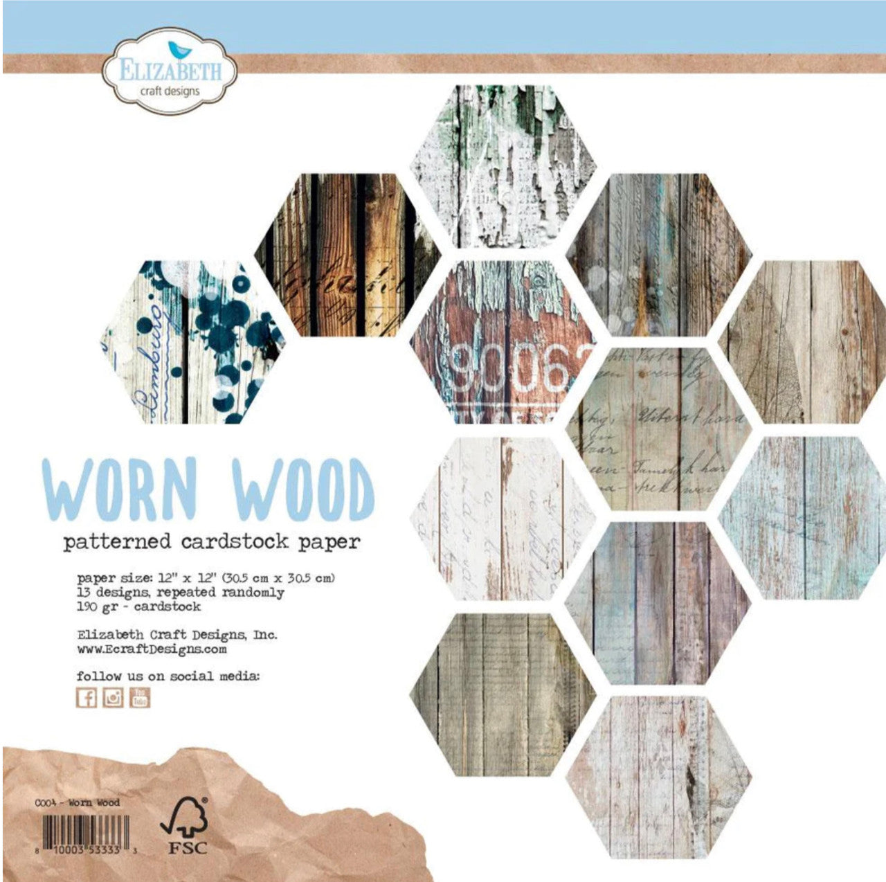 Elizabeth Craft Designs Paquete de papel de madera desgastada de 12" x 12"